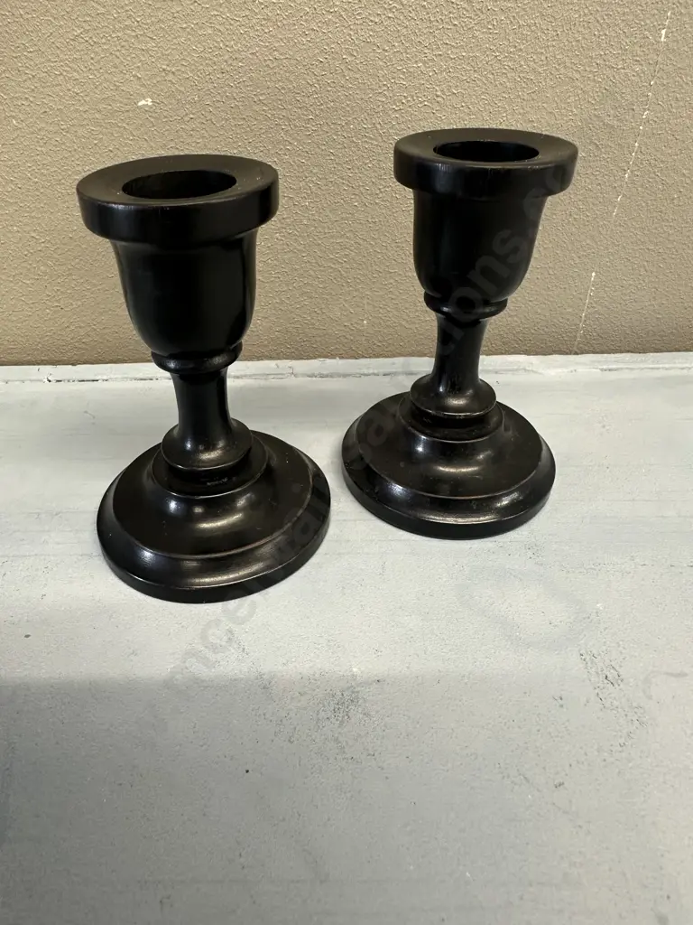 Pair Of Art Nouveau Ebony Candle Stick Holders H9cm. Image 1++