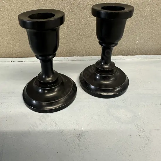 Pair Of Art Nouveau Ebony Candle Stick Holders H9cm.