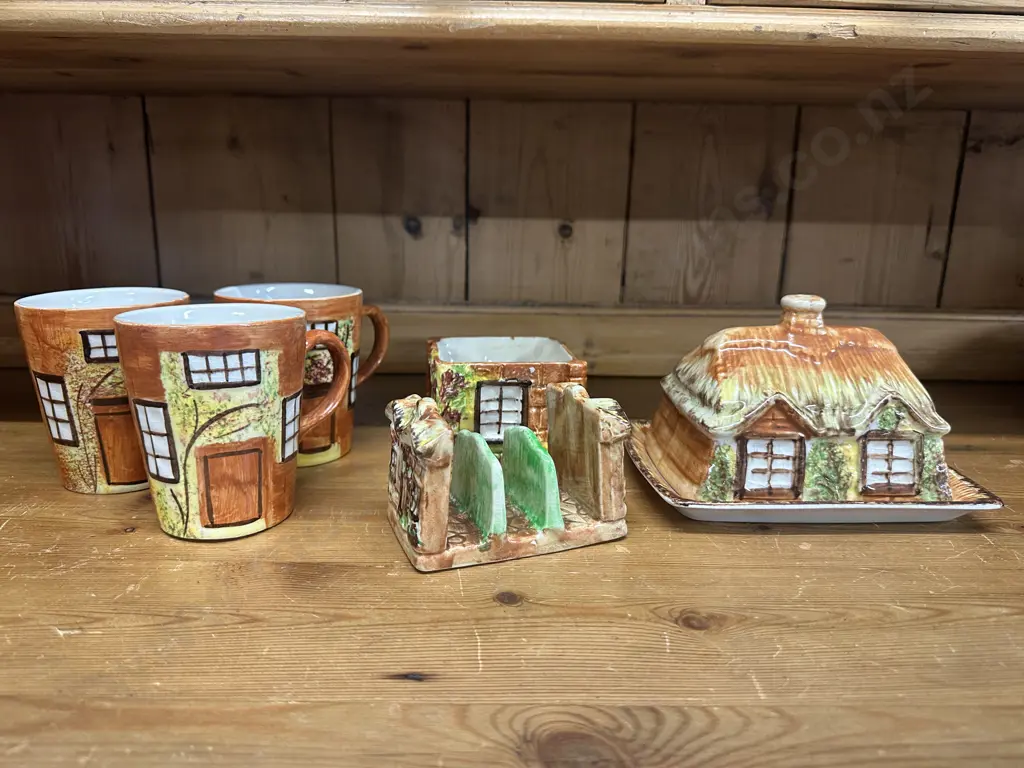 Selection Of Vintage Price Kensington 'Ye Olde Cottage' Covered Butter Dish, Coffee Mugs x3 & Toast Rack          Image 1++