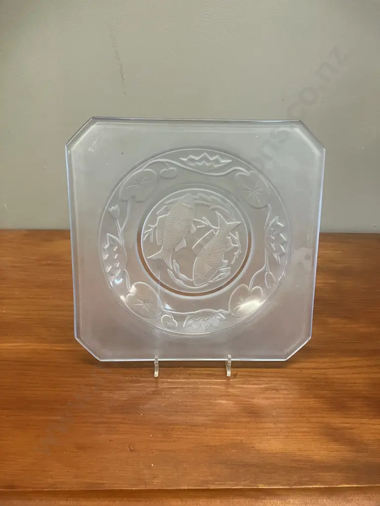 Art Deco Bagley Fish Pattern Glass Plate - Impressed Fishes & Lily Pads c1930s. 23 x 23cm Image 1++