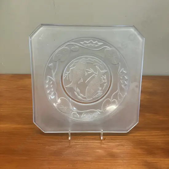 Art Deco Bagley Fish Pattern Glass Plate - Impressed Fishes & Lily Pads c1930s. 23 x 23cm