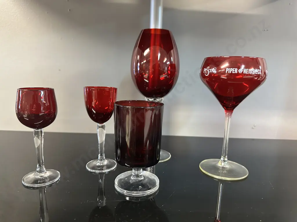 Assorted Vintage Ruby Red & Clear Footed Glasses including Piper Heidsieck Image 1++