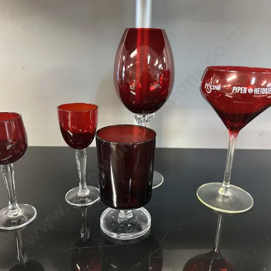Assorted Vintage Ruby Red & Clear Footed Glasses including Piper Heidsieck