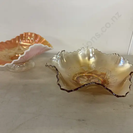 Antique Dugan Carnival Glass Ski Star Peach Opal Banana Boat & Cosmos Variant 6-Ruffel Bowl, Early 1900s. 10x21, 7x25cm