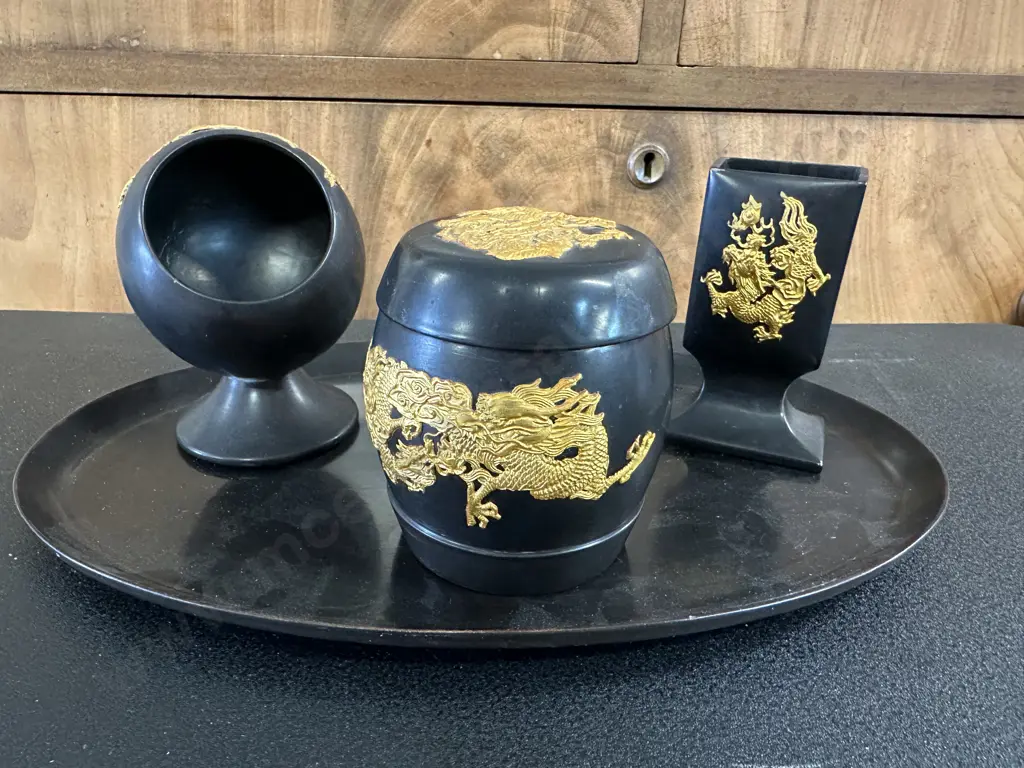 Vintage Oriental Black With Gilded Desk Set Image 1++
