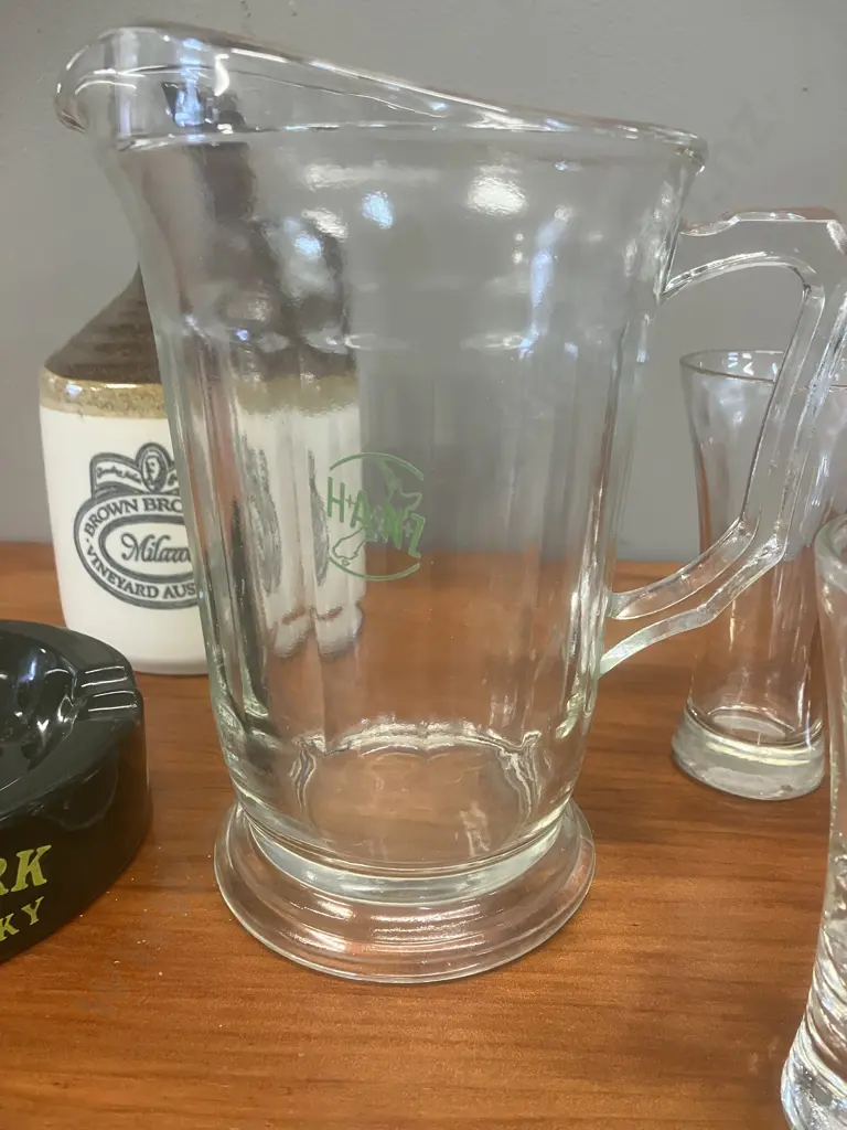 H+A+N+Z NZ Glass Beer Jug, Brown Brothers Milawa Vineyard Pottery Decanter, Wade CUTTY SARK Ashtray, Glasses Image 1++