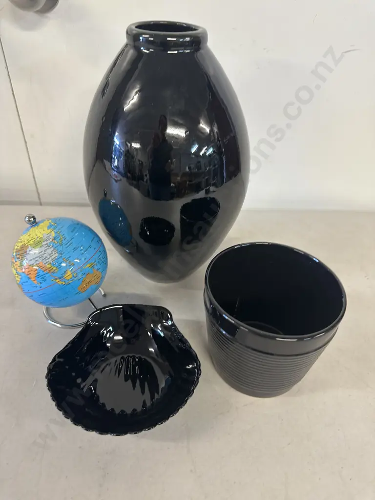 Black Vase, Planter, Shell Dish & Miniature Desktop World Globe On Metal Stand Image 1++