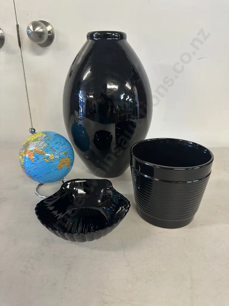 Black Vase, Planter, Shell Dish & Miniature Desktop World Globe On Metal Stand Image 1++