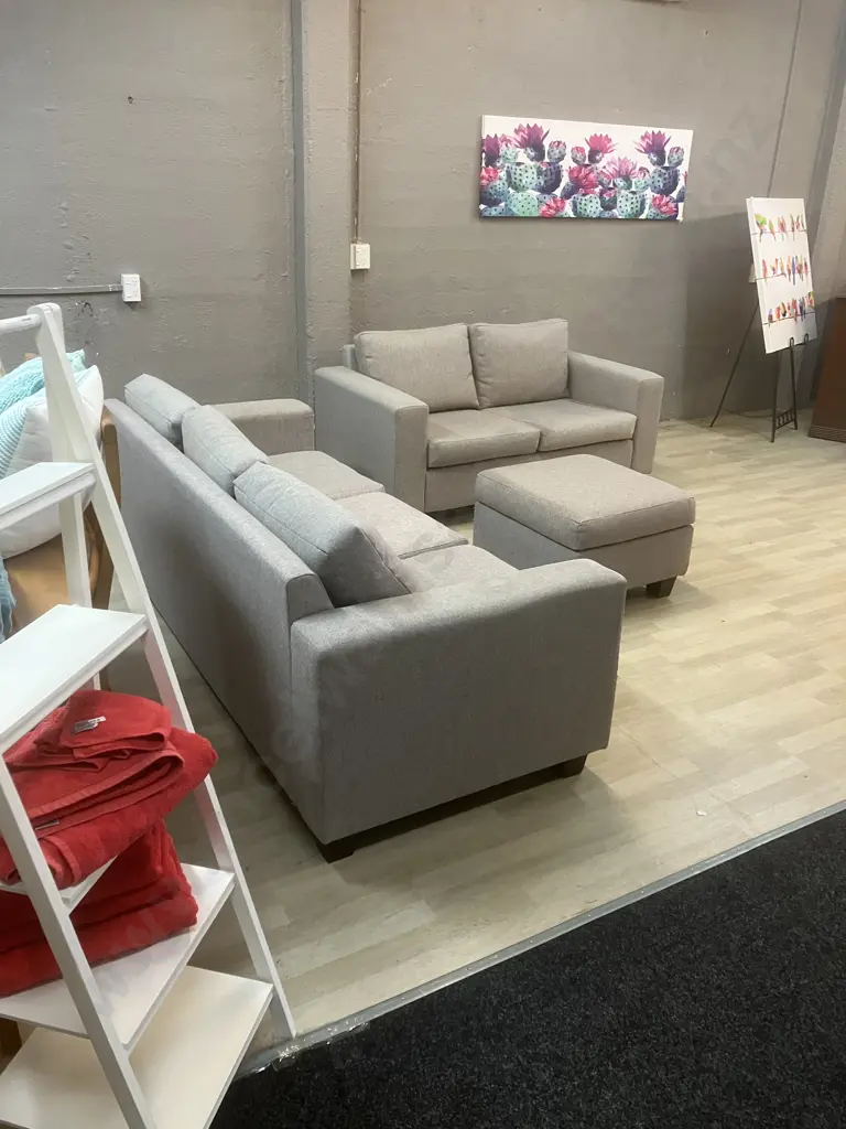 Lounge Suite - 3 Seater + 2 Seater With Ottoman In Grey Fabric Image 1++