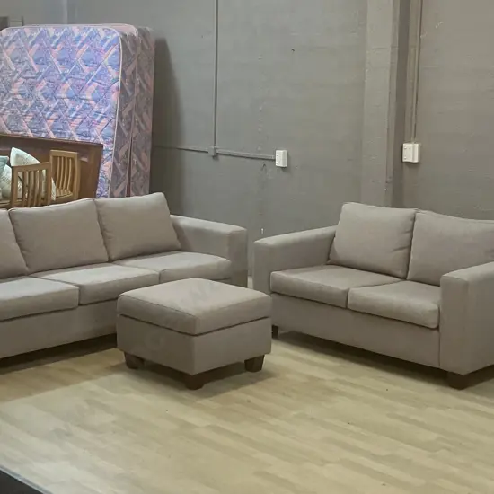 Lounge Suite - 3 Seater + 2 Seater With Ottoman In Grey Fabric