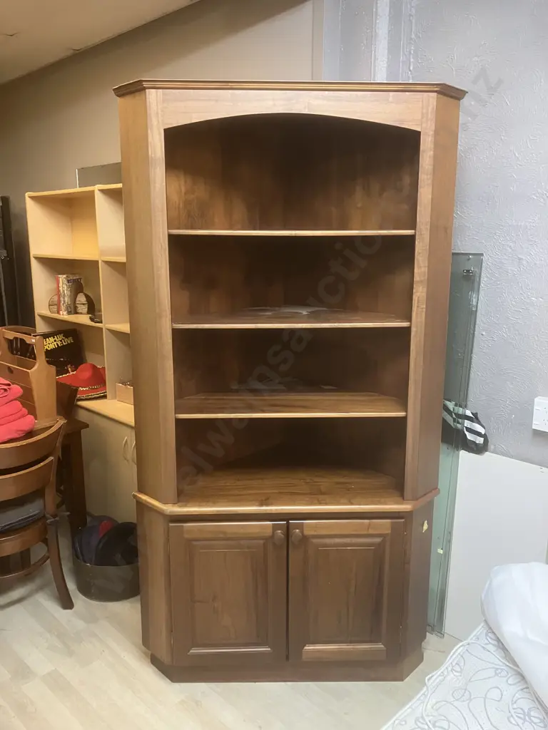 Mahogany 3 Shelf Corner Unit With 2 Door Base. H212 W115 D81cm Image 1++