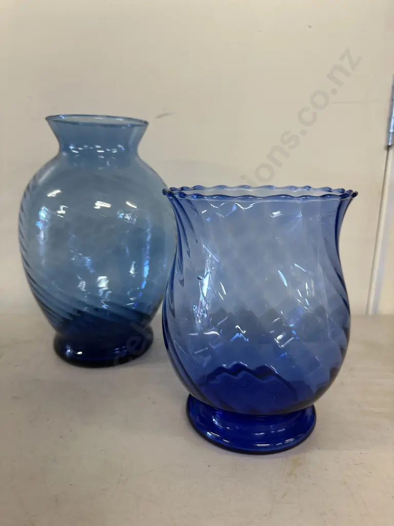 Vintage Colbalt Blue Art Glass Vases Swirl Design Image 1++