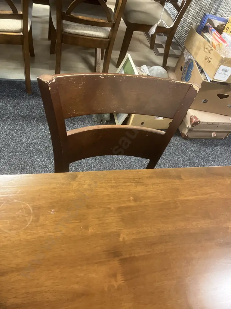 Dark Stained Wooden Dining Table (H76 W89.5 D90cm) With Four Curved Back Chairs With Black Fabric Seat Cushions Image 1++