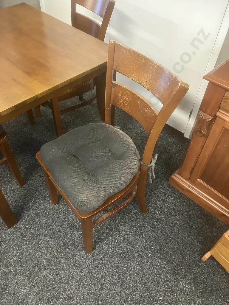 Dark Stained Wooden Dining Table (H76 W89.5 D90cm) With Four Curved Back Chairs With Black Fabric Seat Cushions Image 1++