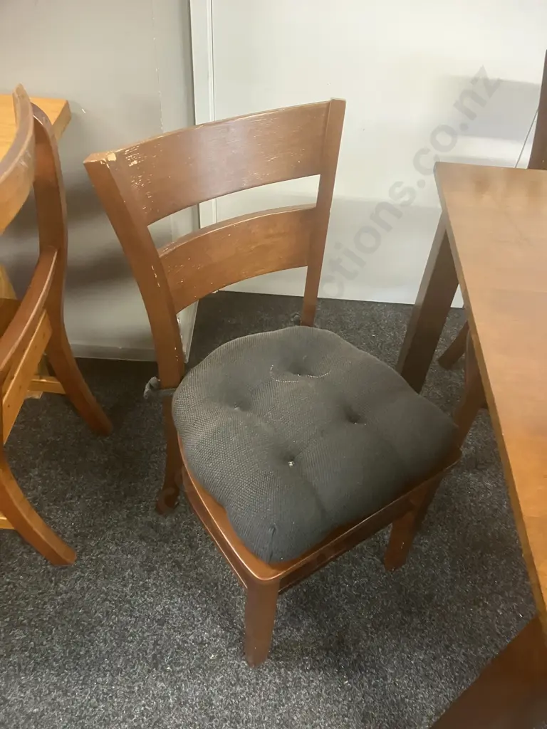 Dark Stained Wooden Dining Table (H76 W89.5 D90cm) With Four Curved Back Chairs With Black Fabric Seat Cushions Image 1++