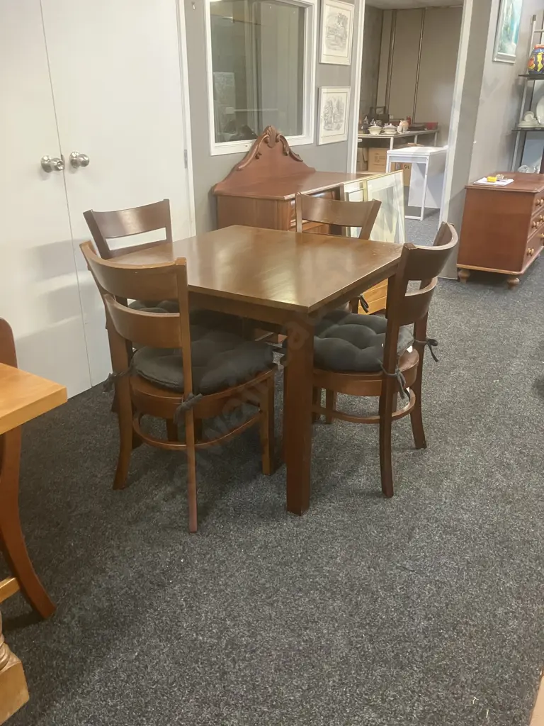 Dark Stained Wooden Dining Table (H76 W89.5 D90cm) With Four Curved Back Chairs With Black Fabric Seat Cushions Image 1++