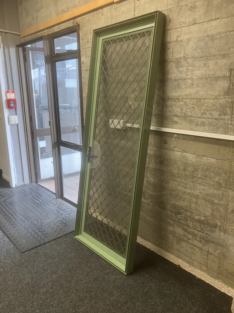 Screen Door - Green Aluminum Frame. H203 W77 D8cm (No Key, Screen Needs Repair) Image 1++