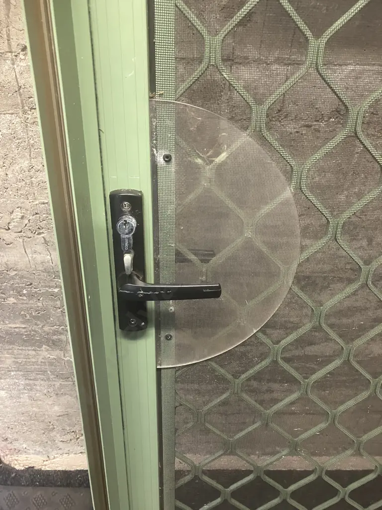 Screen Door - Green Aluminum Frame. H203 W77 D8cm (No Key, Screen Needs Repair) Image 1++