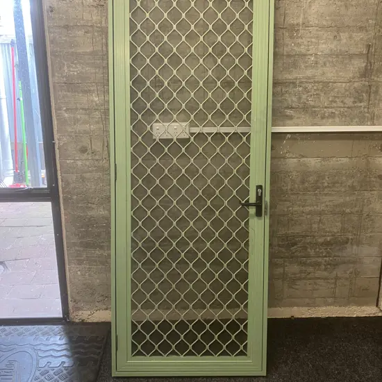 Screen Door - Green Aluminum Frame. H203 W77 D8cm (No Key, Screen Needs Repair)