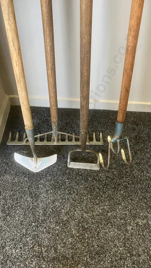 Long Wooden Handled Garden Tools - Rake & Three Assorted Hoes Image 1++