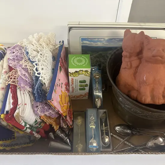 Box Of Vintage Items Including Souvenir Spoons, Brass Planter, Linen Etc