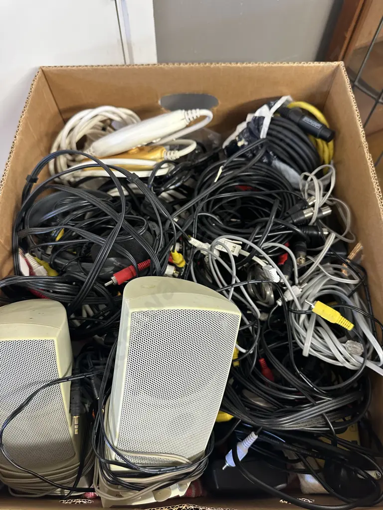 Box Lot Of Leads, Speakers Etc Image 1++