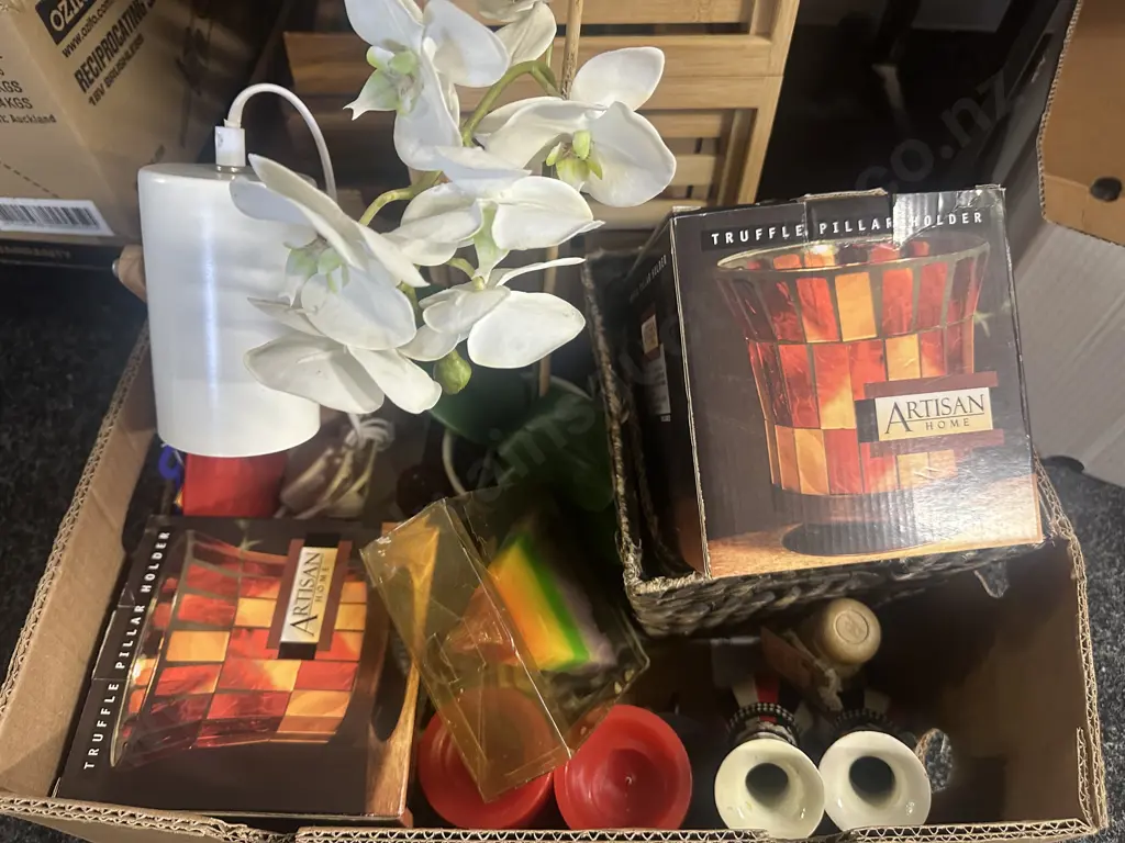 Box Lot Of Assorted Items Including Desk Lamp, Candle Holders Etc Image 1++
