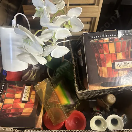 Box Lot Of Assorted Items Including Desk Lamp, Candle Holders Etc