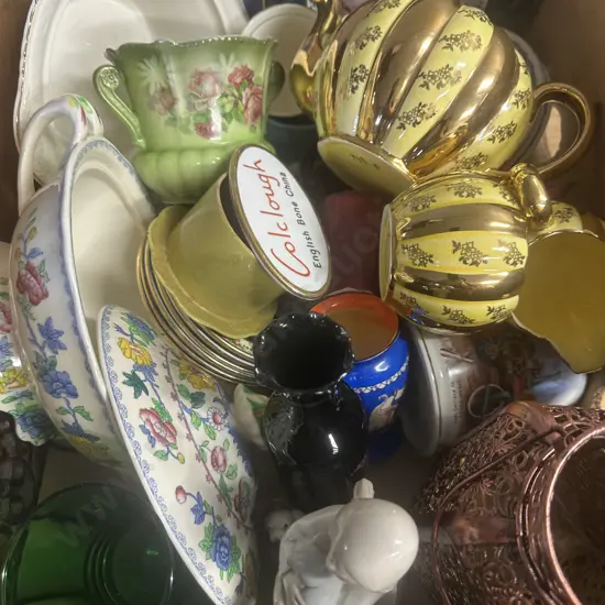 Box Lot Of China Items Including Colclough Plaque, Vases Etc