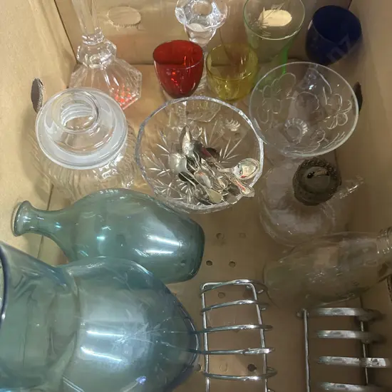 Box Lot Of Glassware Items Including Blue Glass Etched Pitcher, Vase Etc