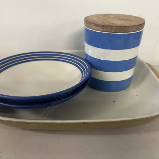 Cornish Kitchen Ware Cannister, Denby Small Dishes & Serving Dish.