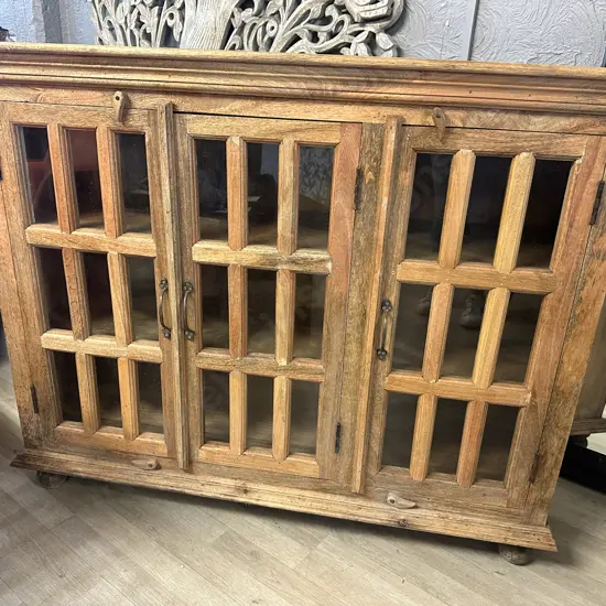 Rustic Wooden Sideboard With Three 9 Glass Panel Doors. H108 W136 D46cm