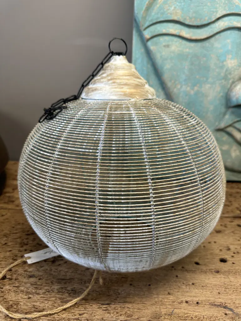 Round Wire Whitewash Hanging Lamp Shade (Unwired). 33 x 32cm Image 1++