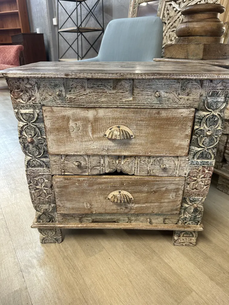 Vintage Indian Handcrafted Mango Wood 2 Drawer Bedside. H60 W62 D37cm Image 1++