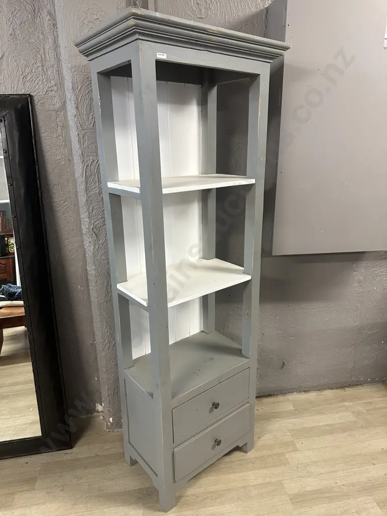 Grey & White Painted Slim Bookcase With 2 Drawers In Base. H180 W63 D40.5cm Image 1++