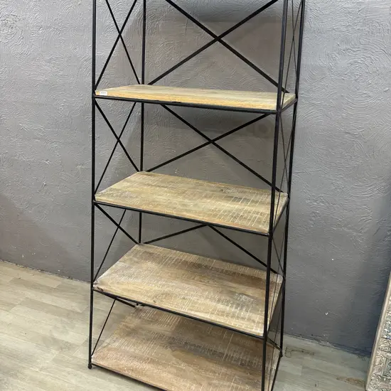 Industrial Black Steel & Wood Angled Shelf Unit. H172 W67 / 86 D37.5cm