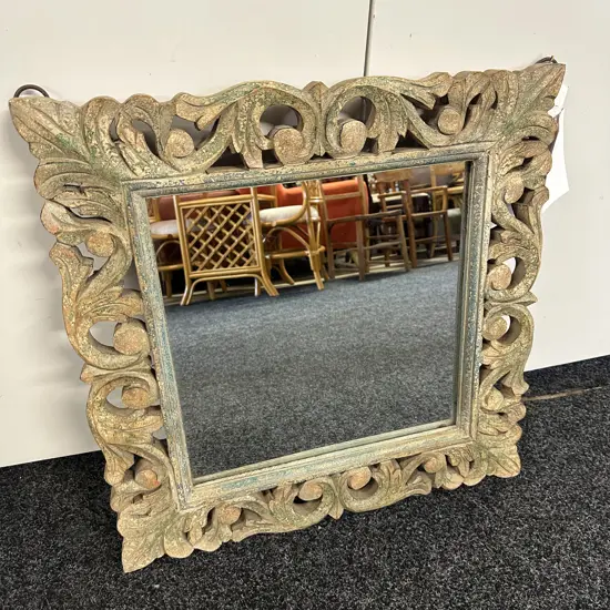 Square Carved Mirror With Wrought Rings To Hang. 61x61cm.