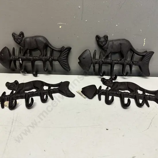 Cast Iron Cat On Fish Hooks x4