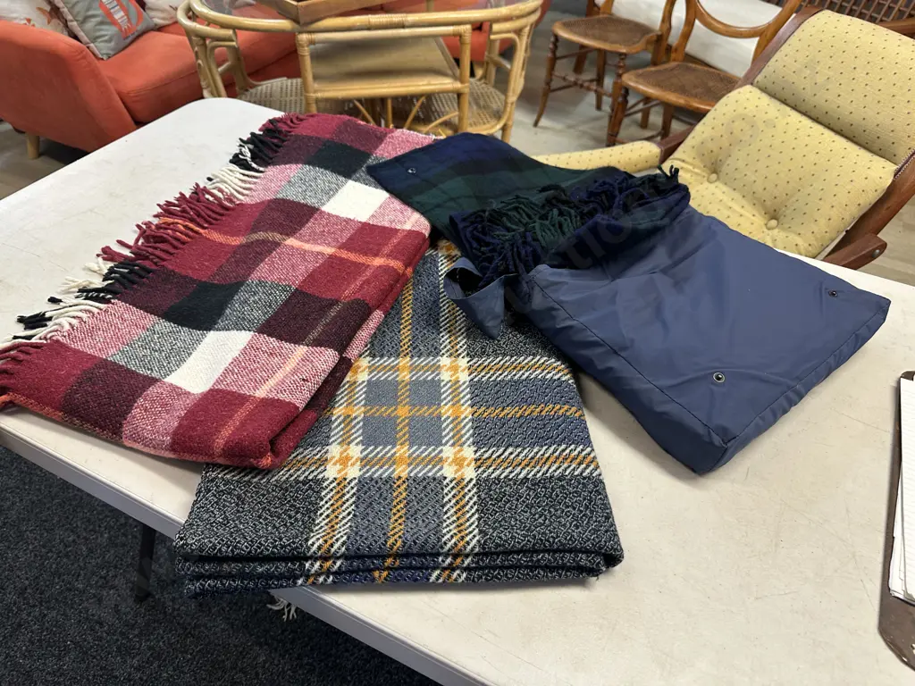 Vintage Tartan Patterned Throws With Fringed Edges & Tartan Patterned Ground Rug In Mainland Produce Limited Bag Image 1++
