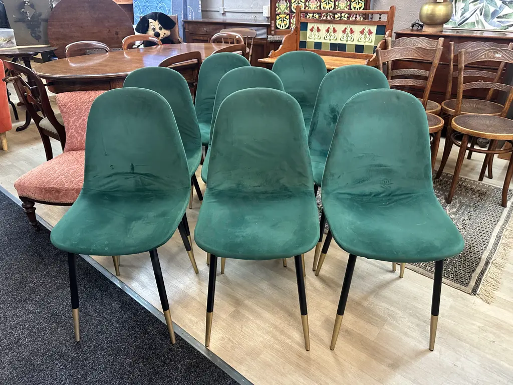 Set Of Mid-Century Modern Dining Chairs Green Upholstered With Black/Gilt Legs Image 1++