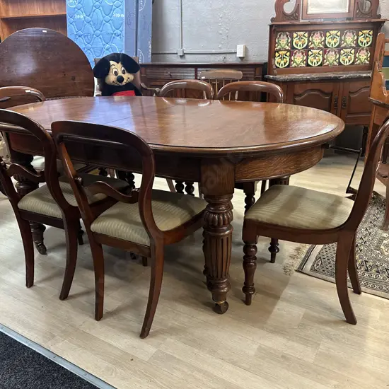 Oak Crank Extension Table With 3 Leaves, Set of 6 Dining Side Chairs