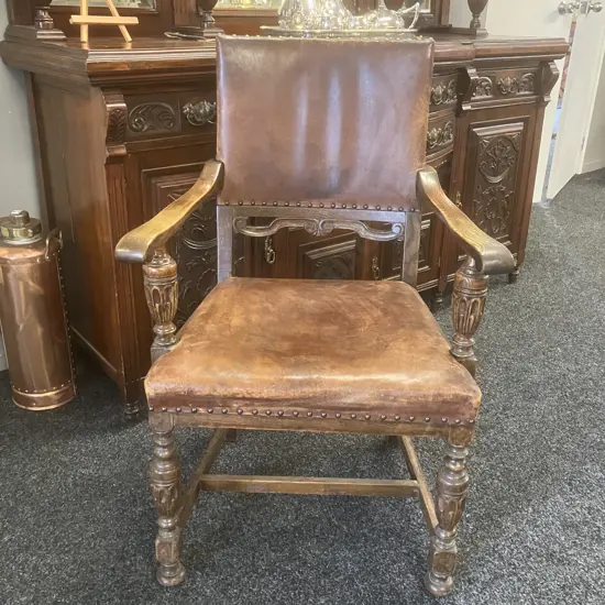 Antique Oak & Leather Carver Chair With Carved Detail