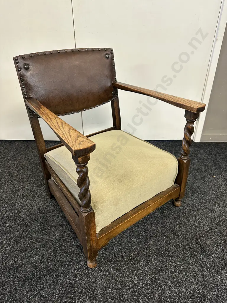 Oak Low Fireside Chair, Leather Back, Barley Twist Supports Image 1++