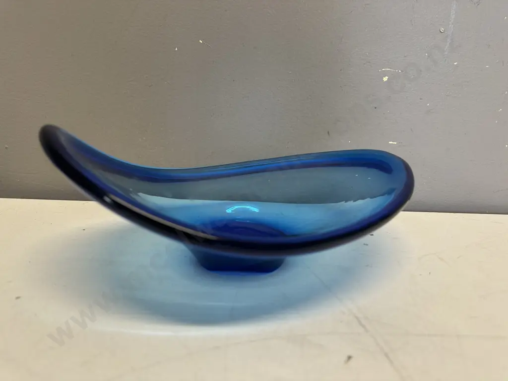 Mid Century Modern Blue Asymmetrical Art Glass Bowl H10.5,W27,D20cm. Image 1++