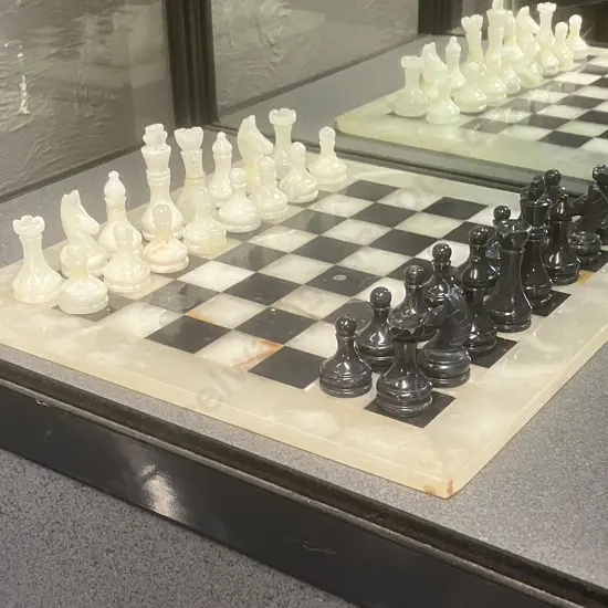 Handmade Vintage Black Onyx Marble Chess Set With Lined Storage Case, 8.5cm King, 40cm Chess Board (As Found Condition)