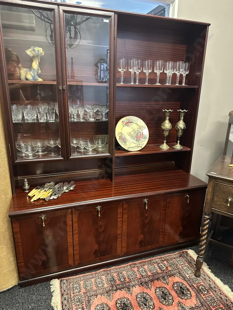 Mid Century Meredew Glass Display Cabinet With Bookcase On a 4 Door Sideboard Base c 1979. H165 W133 D45.5cm. 2 Piece Image 1++