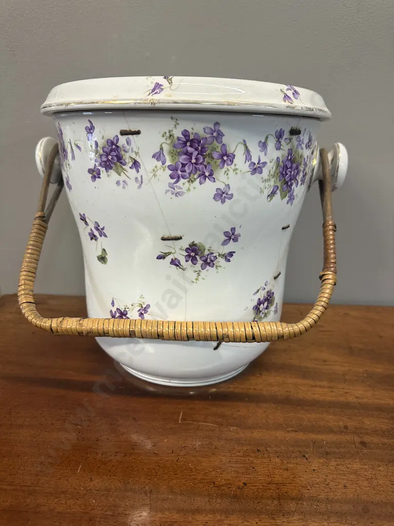 Antique Ceramic Pot With Draining Dish & Cane Handle (Been Repaired) H28cm. Image 1++