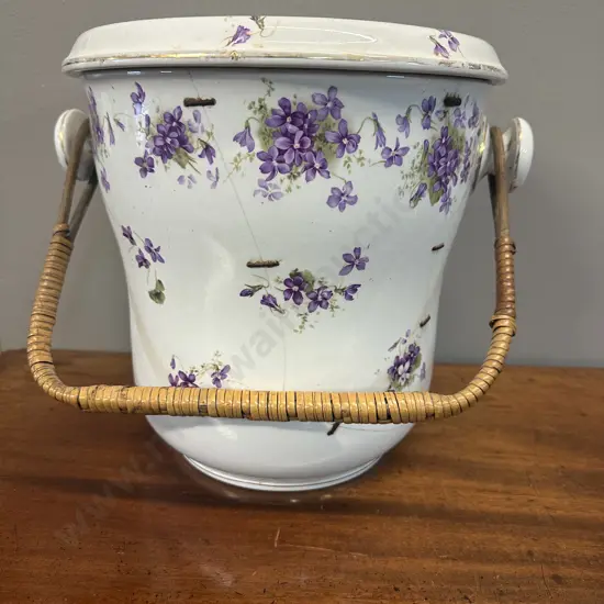 Antique Ceramic Pot With Draining Dish & Cane Handle (Been Repaired) H28cm.