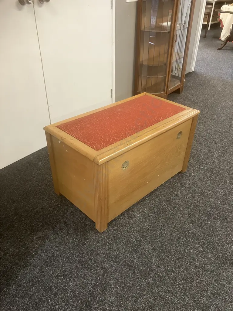 Vintage Oak Blanket Box With Padded Upholstered Top. H48 W85 D47cm Image 1++