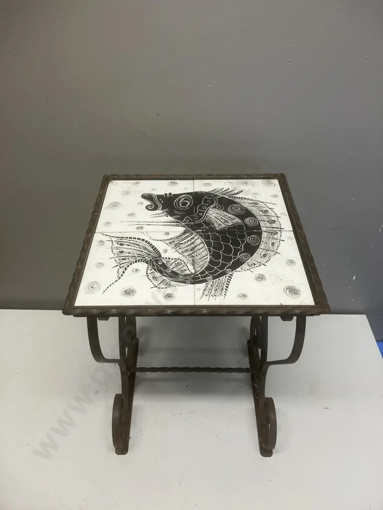 Vintage Wrought Side Table With Fish Theme German Tiled Top. 46 x 33cm Image 1++